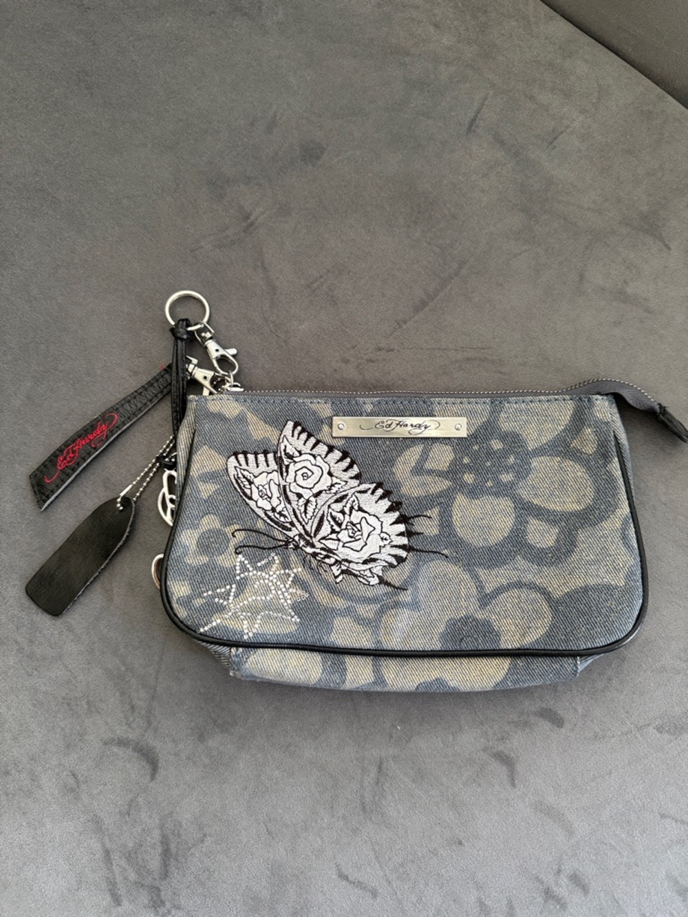 Ed Hardy Christian Audigier Denim Tattoo Butterfly Wristlet Clutch Y2K
